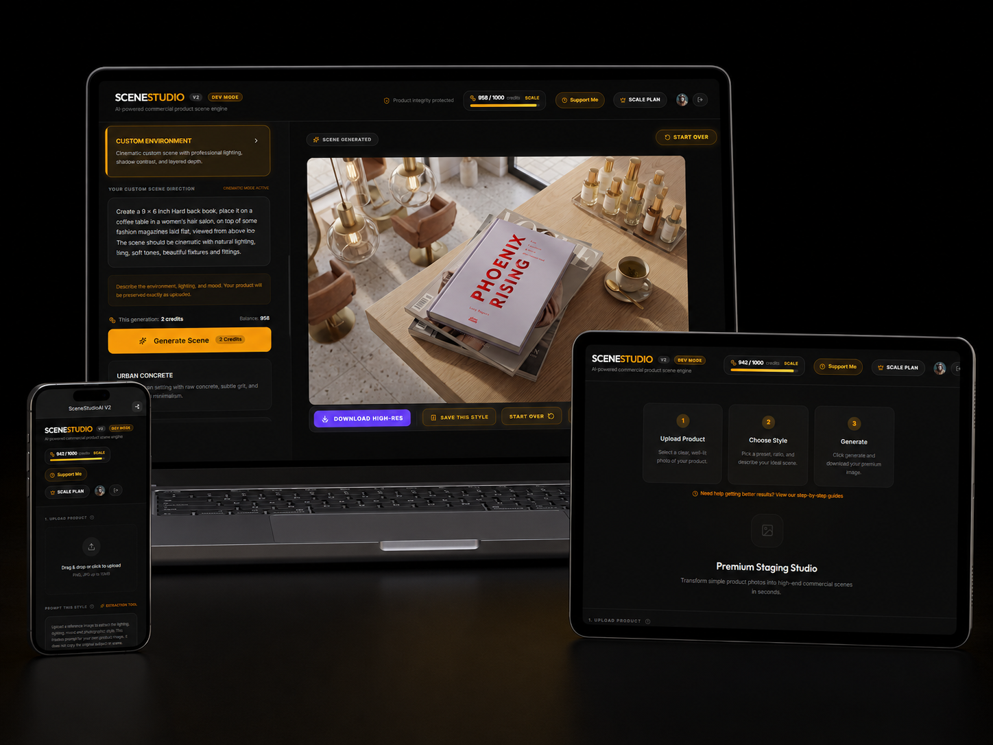 SceneStudioAi app shown on a laptop, tablet and mobile phone.